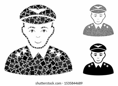 Military pilot officer mosaic of joggly pieces in various sizes and color tinges, based on military pilot officer icon. Vector rough pieces are combined into composition.