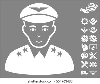 Military Pilot Officer pictograph with bonus configuration pictograms. Vector illustration style is flat iconic white symbols on gray background.