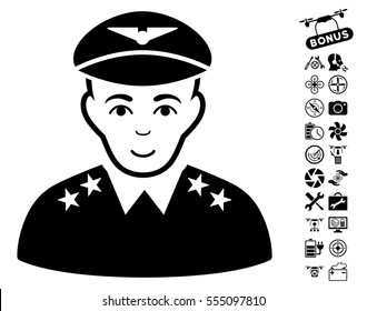 Military Pilot Officer pictograph with bonus copter service images. Vector illustration style is flat iconic black symbols on white background.