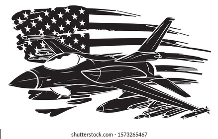 Military plane fired a missile. Fighter jet vector illustration.