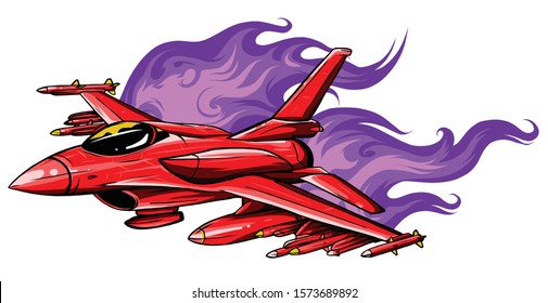 Military plane fired a missile. Fighter jet vector illustration.