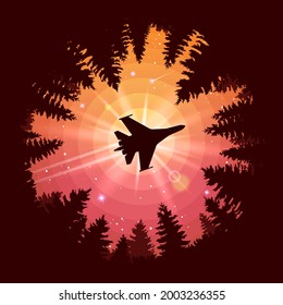 A military plane is flying over the forest. Landscape with a forest and an air fighter. Illustration for cover, advertisement, banner or puzzles. Theme or wallpaper for your phone. Vector illustration