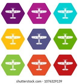 Military plane icons 9 set coloful isolated on white for web