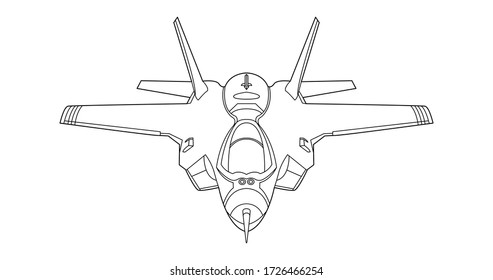 Military plane vector line art, concept design. Airplane black contour outline sketch illustration isolated on white background. Stroke without fill. Cower drawing. Black-white icon. Vehicle. Graphic