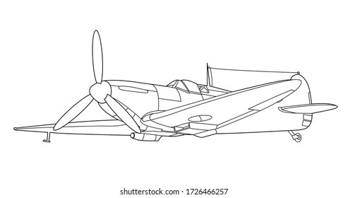 Military plane vector line art, concept design. Airplane black contour outline sketch illustration isolated on white background. Stroke without fill. Cower drawing. Black-white icon. Vehicle. Graphic