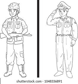 Military and police cartoon vector drawn