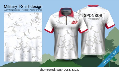 Military polo t-shirt design, with camouflage print clothes for jungle, hiking trekking or hunter, Vector eps10 file prepared to showcase your custom design, by simply editinng object and color layers