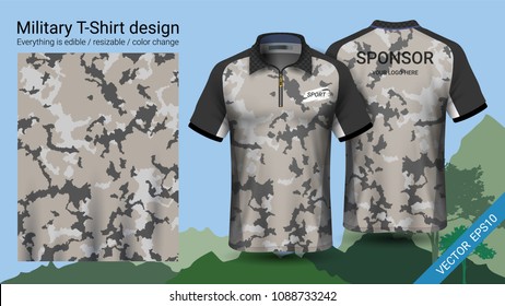 Military polo t-shirt design, with camouflage print clothes for jungle, hiking trekking or hunter, Vector eps10 file prepared to showcase your custom design, by simply editinng object and color layers