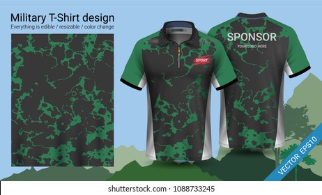 Military polo t-shirt design, with camouflage print clothes for jungle, hiking trekking or hunter, Vector eps10 file prepared to showcase your custom design, by simply editinng object and color layers