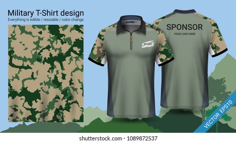 Military polo t-shirt design, with camouflage print clothes for jungle, hiking trekking or hunter, Vector eps10 file prepared to showcase your custom design, by simply editinng object and color layers