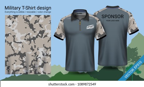 Military polo t-shirt design, with camouflage print clothes for jungle, hiking trekking or hunter, Vector eps10 file prepared to showcase your custom design, by simply editinng object and color layers