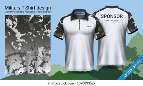 Military polo t-shirt design, with camouflage print clothes for jungle, hiking trekking or hunter, Vector eps10 file prepared to showcase your custom design, by simply editinng object and color layers