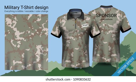 Military polo t-shirt design, with camouflage print clothes for jungle, hiking trekking or hunter, Vector eps10 file prepared to showcase your custom design, by simply editinng object and color layers