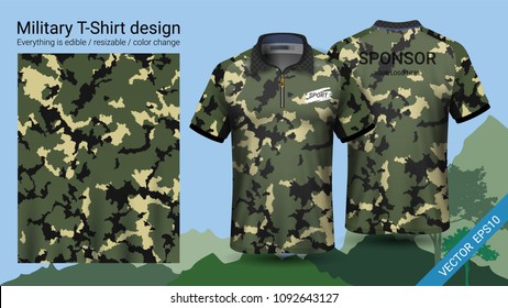 Military polo t-shirt design, with camouflage print clothes for jungle, hiking trekking or hunter, Vector eps10 file prepared to showcase your custom design, by simply editinng object and color layers