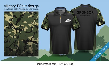 Military polo t-shirt design, with camouflage print clothes for jungle, hiking trekking or hunter, Vector eps10 file prepared to showcase your custom design, by simply editinng object and color layers