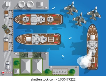 The Military Port. View From Above. Vector Illustration.