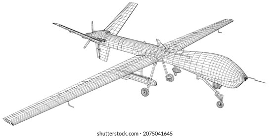 Military Predator Drone Isolated On White Background. EPS10 Format. Wire-frame Vector Created Of 3d.