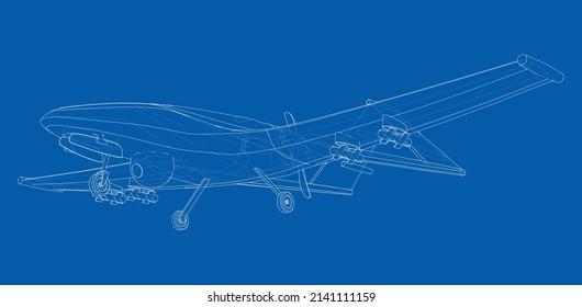 Military Predator Drone in wire-frame style. Vector rendering of 3d. The layers of visible and invisible lines are separated