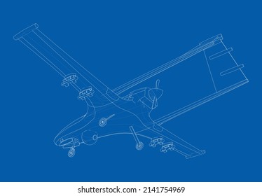 Military Predator Drone in wire-frame style. Vector rendering of 3d. The layers of visible and invisible lines are separated