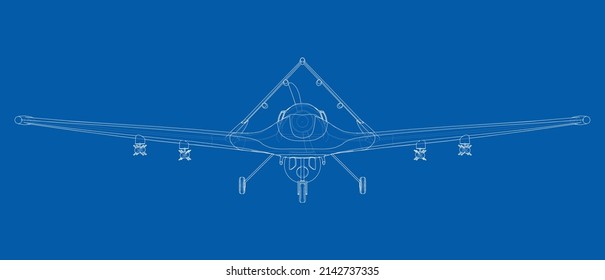 Military Predator Drone in wire-frame style. Vector rendering of 3d. The layers of visible and invisible lines are separated