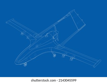Dron militar depredador en forma de alambre. Representación vectorial de 3d. Las capas de líneas visibles e invisibles están separadas