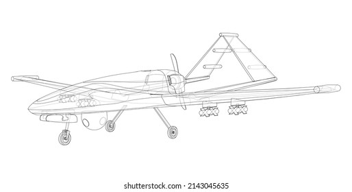 Military Predator Drone in wire-frame style. Vector rendering of 3d. The layers of visible and invisible lines are separated