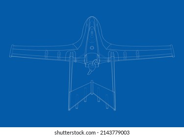 Dron militar depredador en forma de alambre. Representación vectorial de 3d. Las capas de líneas visibles e invisibles están separadas