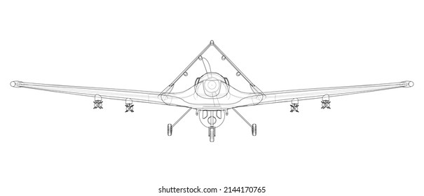 Dron militar depredador en forma de alambre. Representación vectorial de 3d. Las capas de líneas visibles e invisibles están separadas