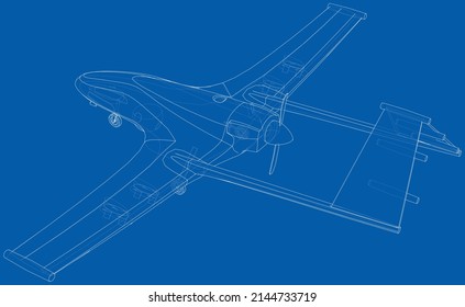Dron militar depredador en forma de alambre. Representación vectorial de 3d. Las capas de líneas visibles e invisibles están separadas
