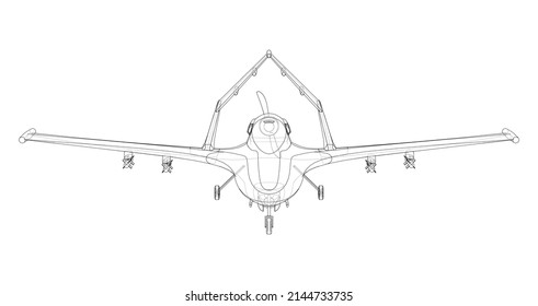 Dron militar depredador en forma de alambre. Representación vectorial de 3d. Las capas de líneas visibles e invisibles están separadas