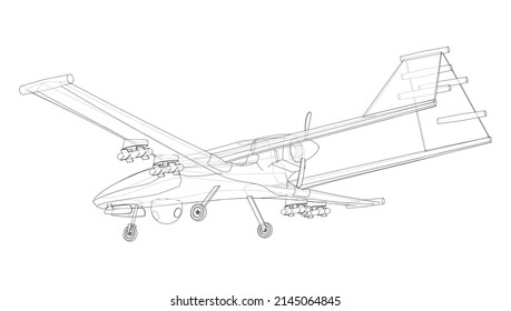 Dron militar depredador en forma de alambre. Representación vectorial de 3d. Las capas de líneas visibles e invisibles están separadas