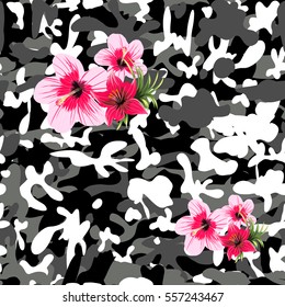 Military print with flowers camouflage illustration protection seamless pattern