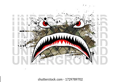 Militärischer Druck, Flying Tiger Shark mit unterirdischem Text für T-Shirt und Merch-Design. Kunst für Siebdruckbekleidung. Tigerhai Mund vor dem Hintergrund eines Käfigs und ein Stück Tarnung. Vector