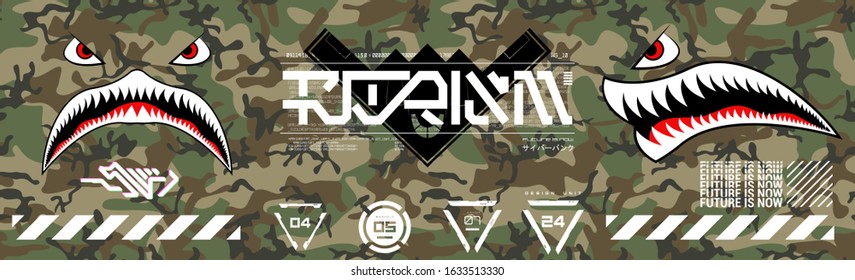 Military prints for clothes, T-shirts and other merchs. Futuristic lettering and design elements on a seamless camouflage background. Modern clothes for the city. Trendy Digital Prints set. Vector