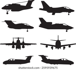 Military and Private Jet Silhouettes, Aircraft Vector Illustration Set