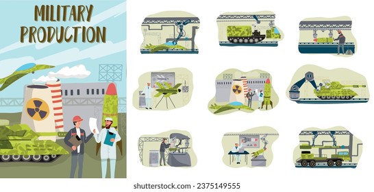 Kompositionsset für militärische Produktion mit Ingenieuren und Robotern, die Raketenfahrzeuge aus Luftfahrzeugen zusammensetzen, einzelne Vektorgrafik