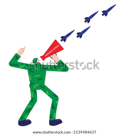 Military propagandist shouts an agitation speech propaganda into a red megaphone, from which missiles rocket fly to kill