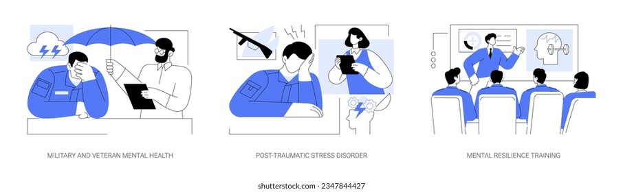 Conjunto de ilustraciones vectoriales abstractas de la psiquiatría militar. Salud mental militar y veterana, trastorno de estrés postraumático, entrenamiento de resiliencia mental, metáfora abstracta de los soldados deprimidos.