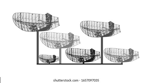 Military radar air surveillance vector silhouette isolated on white background. Telecommunication system. Digital antenna transmitter. Satellite long distance wave transmission. Wi Fi and 5g system.