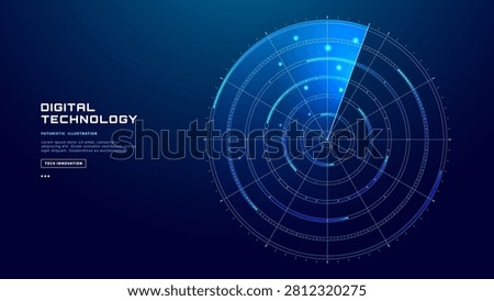 Military radar screen displays sonar map with digital HUD interface tracking ship positions on navy monitoring system with glowing blue tech elements and security data. Vector illustration