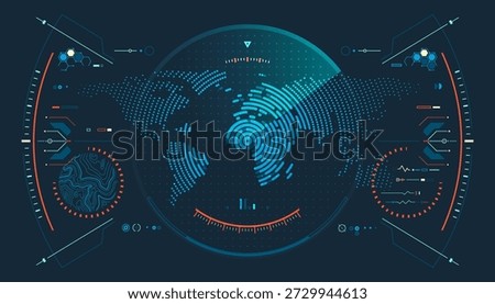 military radar technology, graphic of lined world map interface with futuristic element