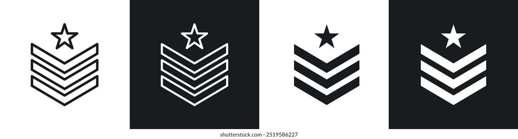 Military rank badge icon collection in black and white filled and stroke line style.