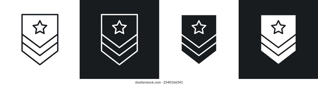 Military rank badge icon set. Vector symbols in black and white colors.