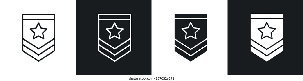 Military rank badge icons vectors set in black. line and flat versions