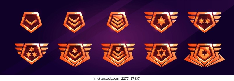 Military rank badges, army insignia icons. Bronze emblems for war game, metal military signs with wings, stars and chevrons isolated on background, vector cartoon set