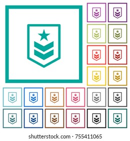Military rank flat color icons with quadrant frames on white background