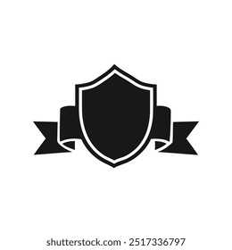 Military rank icon vector. Black shield with ribbon. Simple Shield Icon Flat Style Vector