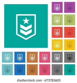 Military rank multi colored flat icons on plain square backgrounds. Included white and darker icon variations for hover or active effects.