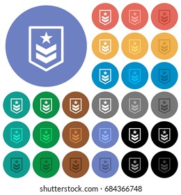 Military rank multi colored flat icons on round backgrounds. Included white, light and dark icon variations for hover and active status effects, and bonus shades on black backgounds.