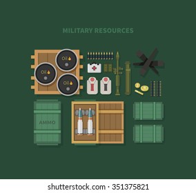 Military resources flat design . War and ammunition, army and bullet, ammo weapon, inventory gun, oil barrel, rocket and bazooka, automatic and launcher illustration